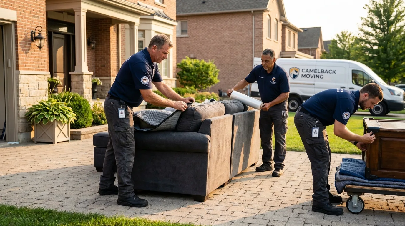 Large estate moving crew wrapping furniture in Carter Lake, IA