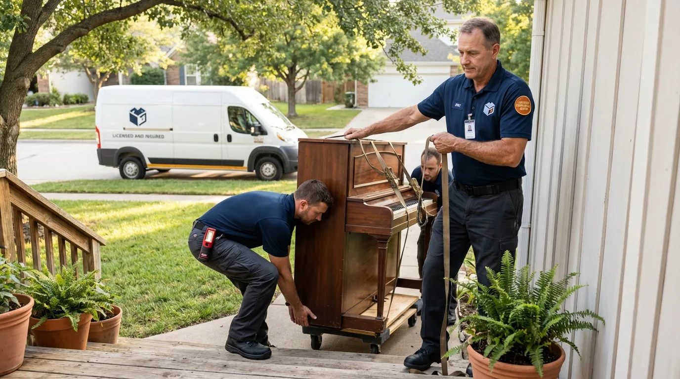 Licensed piano movers securing grand piano in Carter Lake, IA