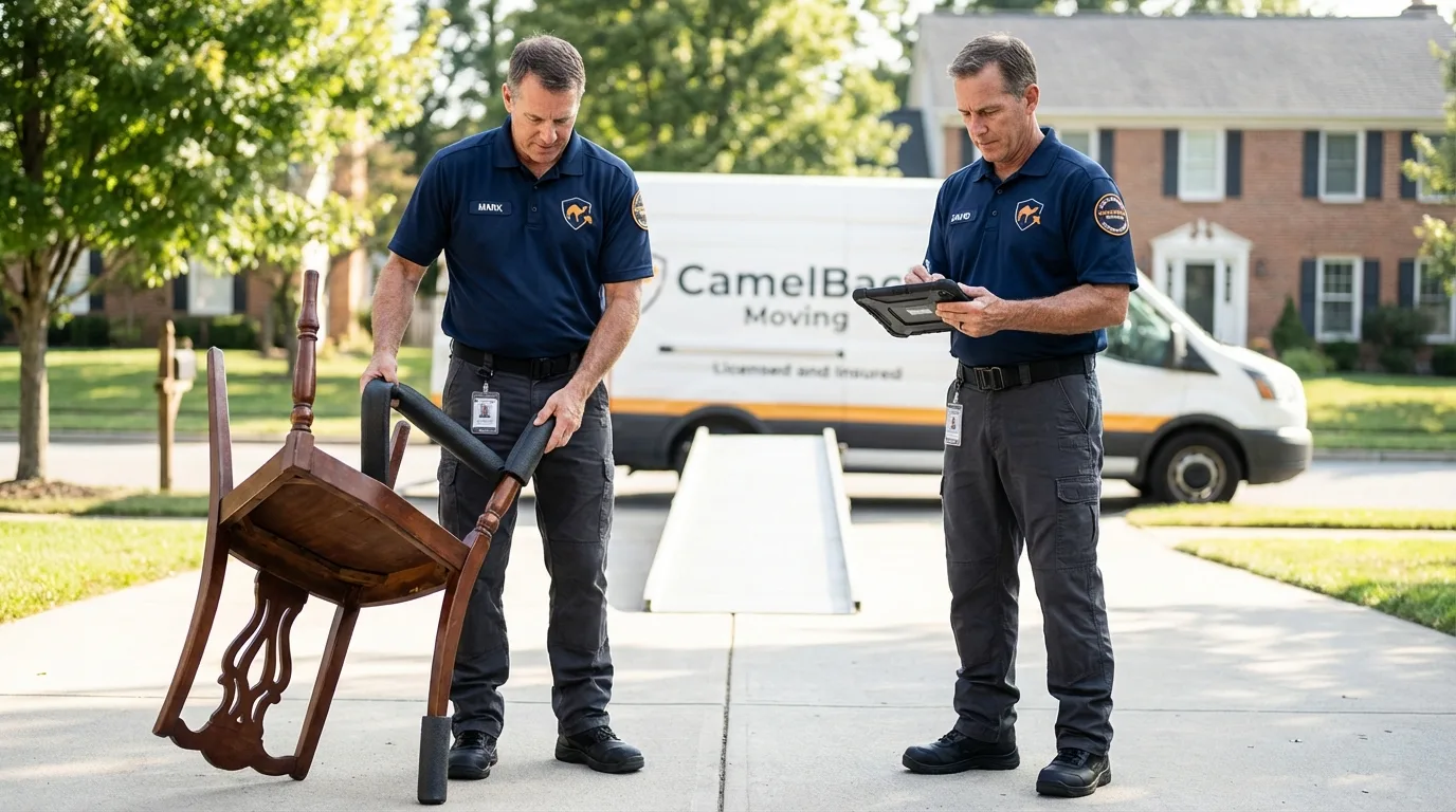 Movers inspecting furniture for damage prevention before loading in Carter Lake, IA