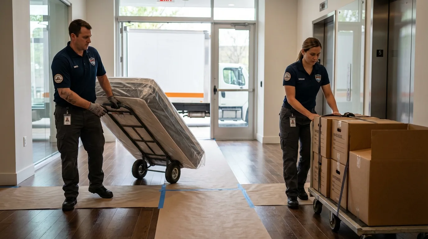 Professional apartment movers loading elevator in Carter Lake, IA