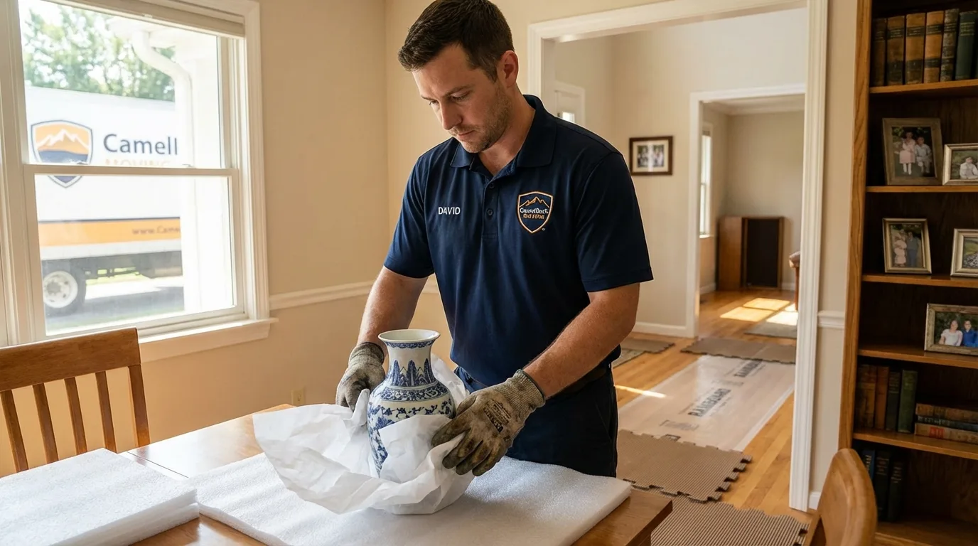Professional crew carefully wrapping antique vase for senior downsizing move in Carter Lake, IA