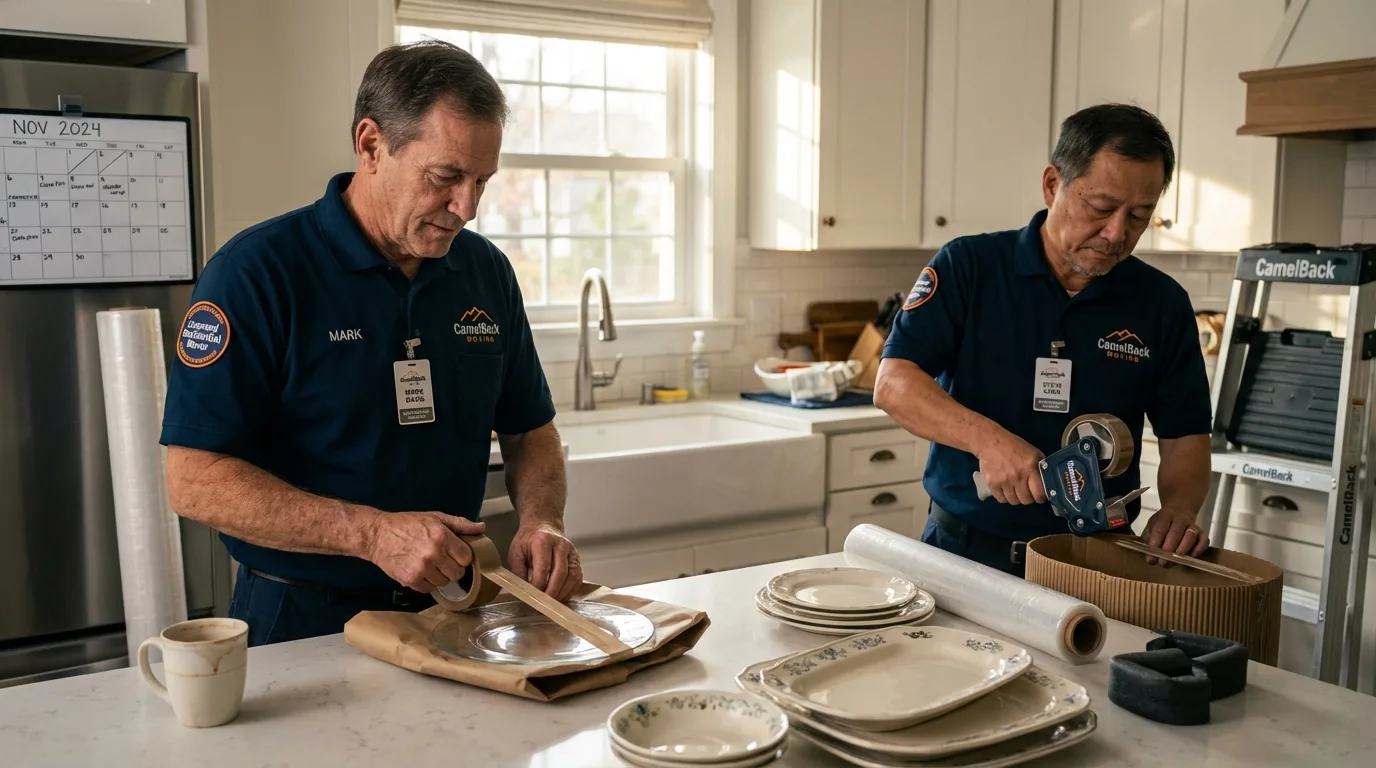 Professional crew packing kitchen dishware in Carter Lake, IA